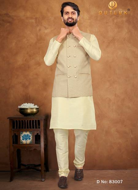 Cream Colour Outluk 83 New Designer Ethnic Wear Mens Kurta Pajama With Jacket Collection 83007